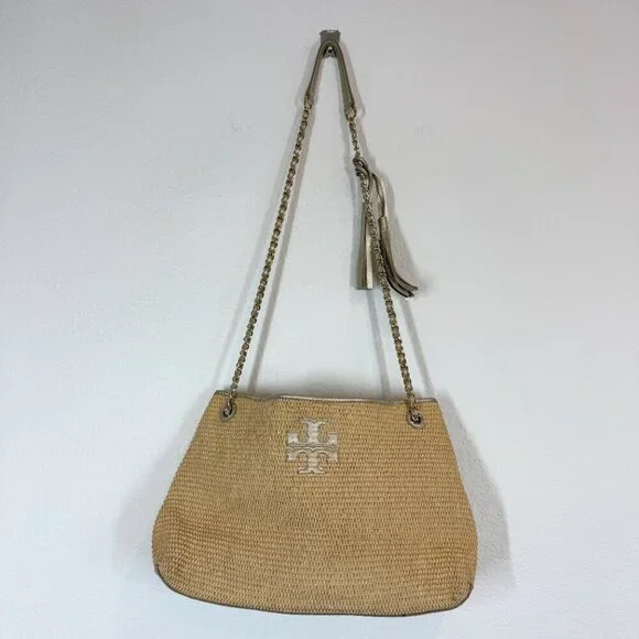 Tory Burch Woven Shoulder Bag Purse Tote Gold Accents Tassels Natural - Picture 2 of 14